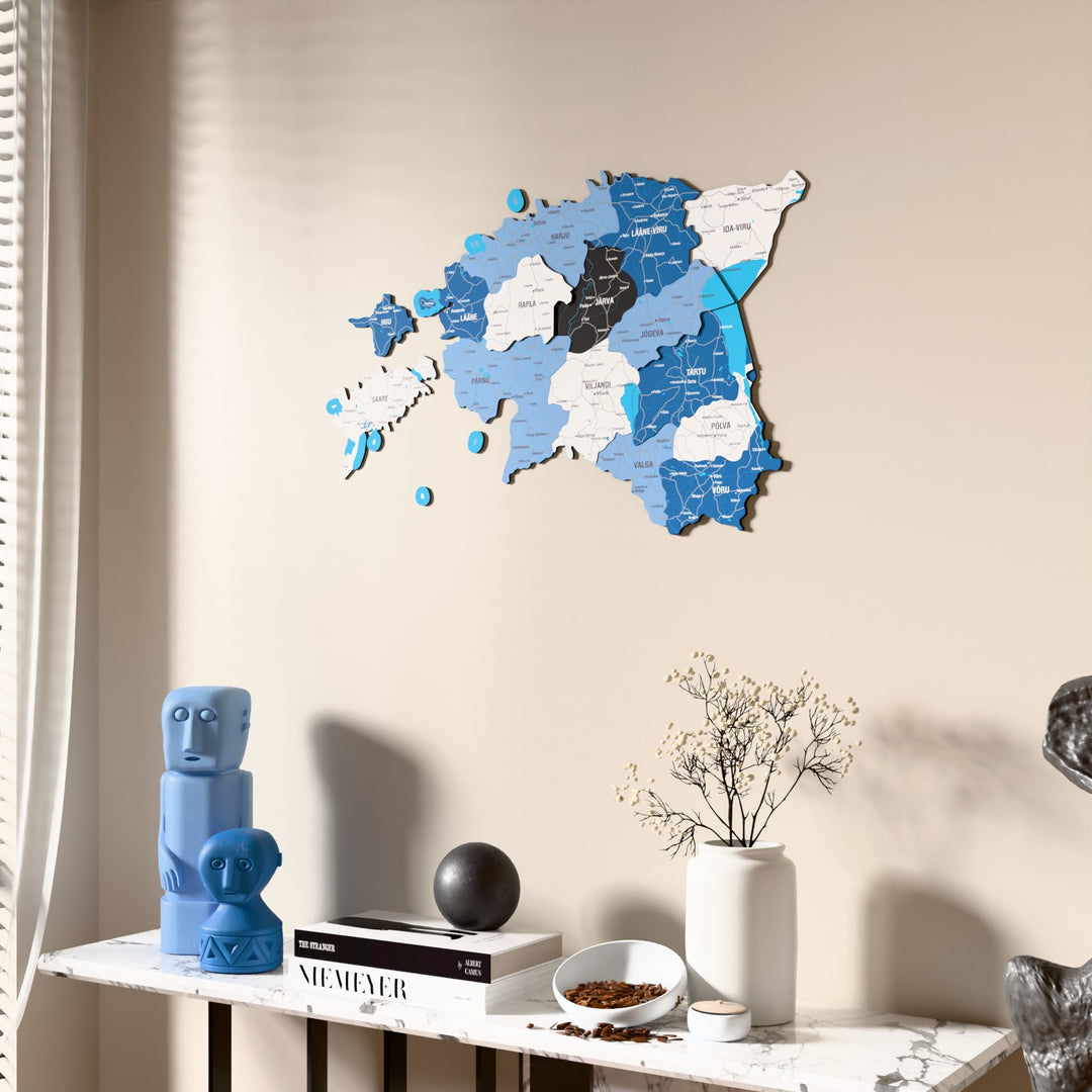 Flag colored Estonia wooden wall map beside a sheer curtain, angled view
