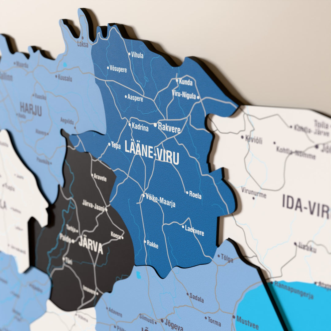 Close-up of the Flag colored Estonia wooden wall map with layered regions and printed names