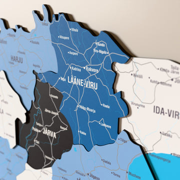 Close-up of the Flag colored Estonia wooden wall map with layered regions and printed names
