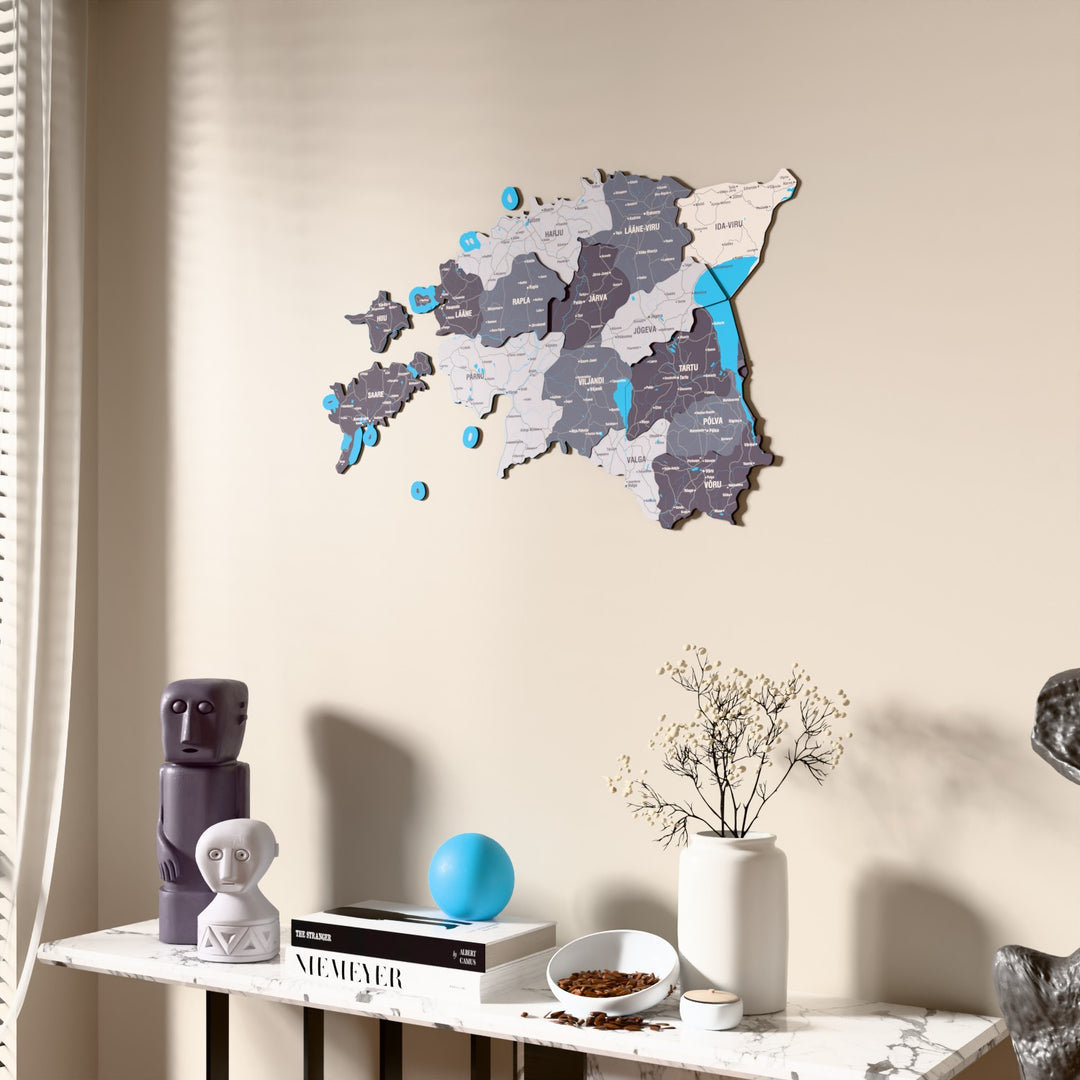 Nimbus Estonia wooden wall map beside a sheer curtain, angled view