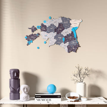 Nimbus Estonia wooden wall map above a marble console, front view