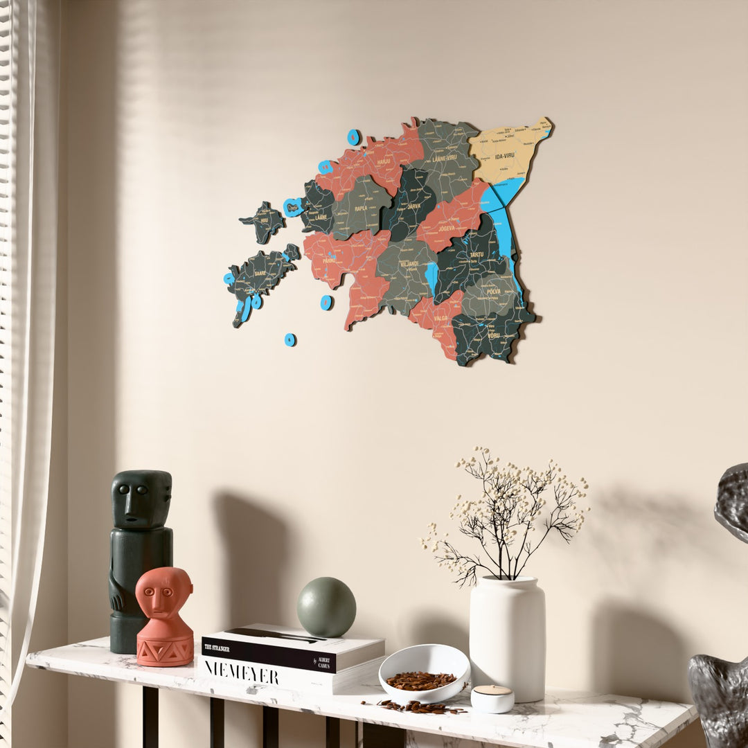 Sage Estonia wooden wall map beside a sheer curtain, angled view