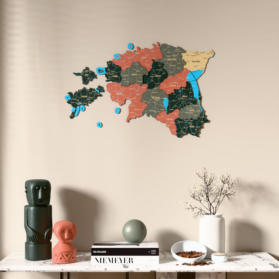 Sage Estonia wooden wall map above a marble console, front view