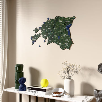Satellite Estonia wooden wall map beside a sheer curtain, angled view