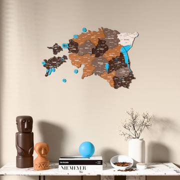 Soil Estonia wooden wall map above a marble console, front view