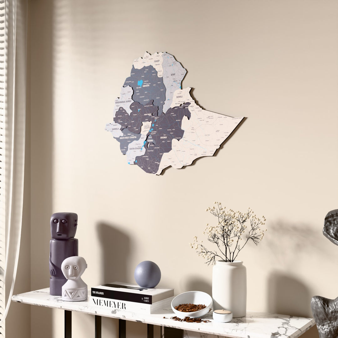 Nimbus Ethiopia wooden wall map beside a sheer curtain, angled view