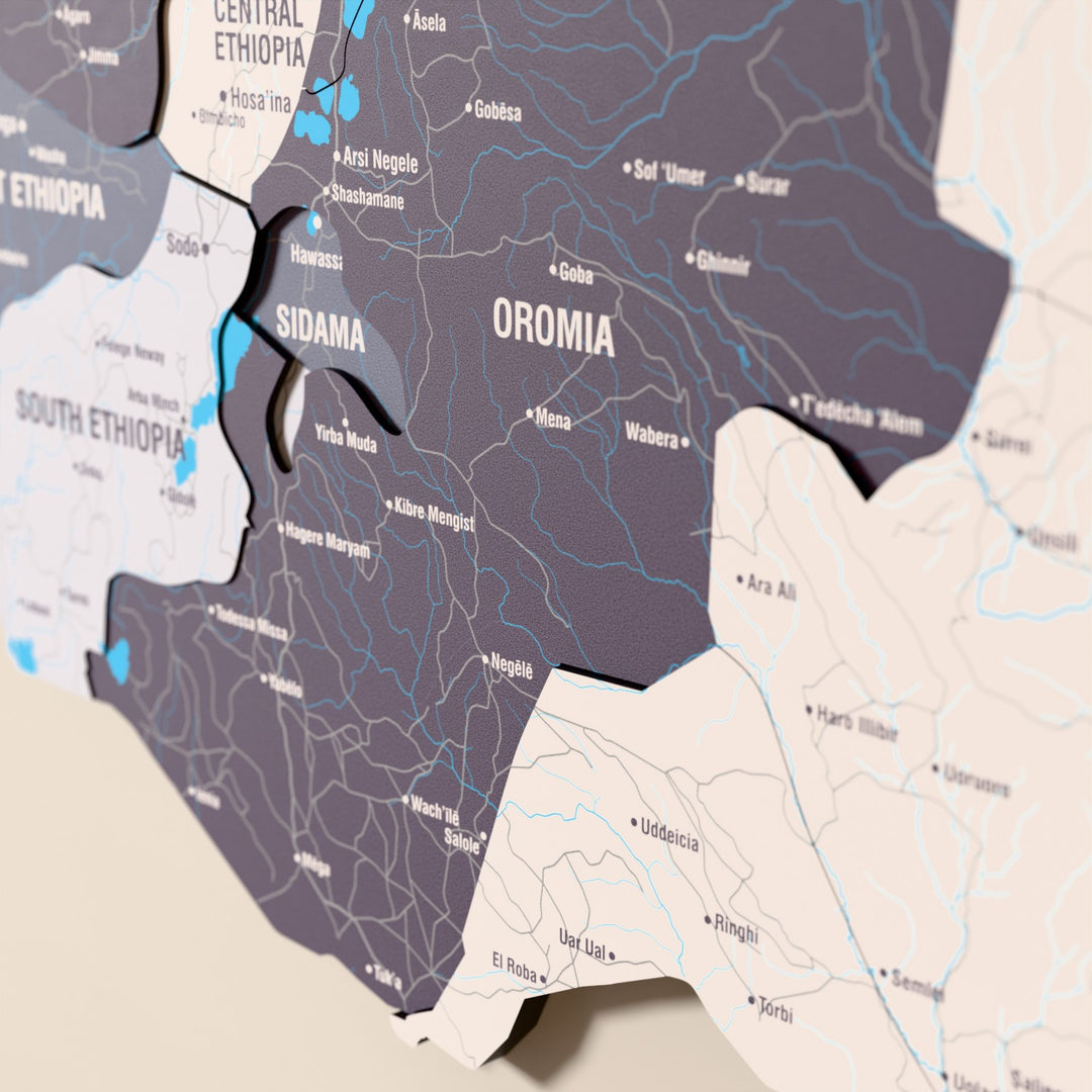 Close-up of the Nimbus Ethiopia wooden wall map with layered regions and printed names