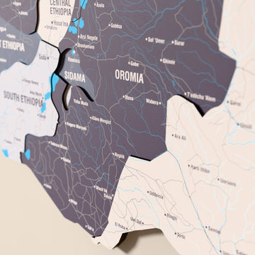 Close-up of the Nimbus Ethiopia wooden wall map with layered regions and printed names