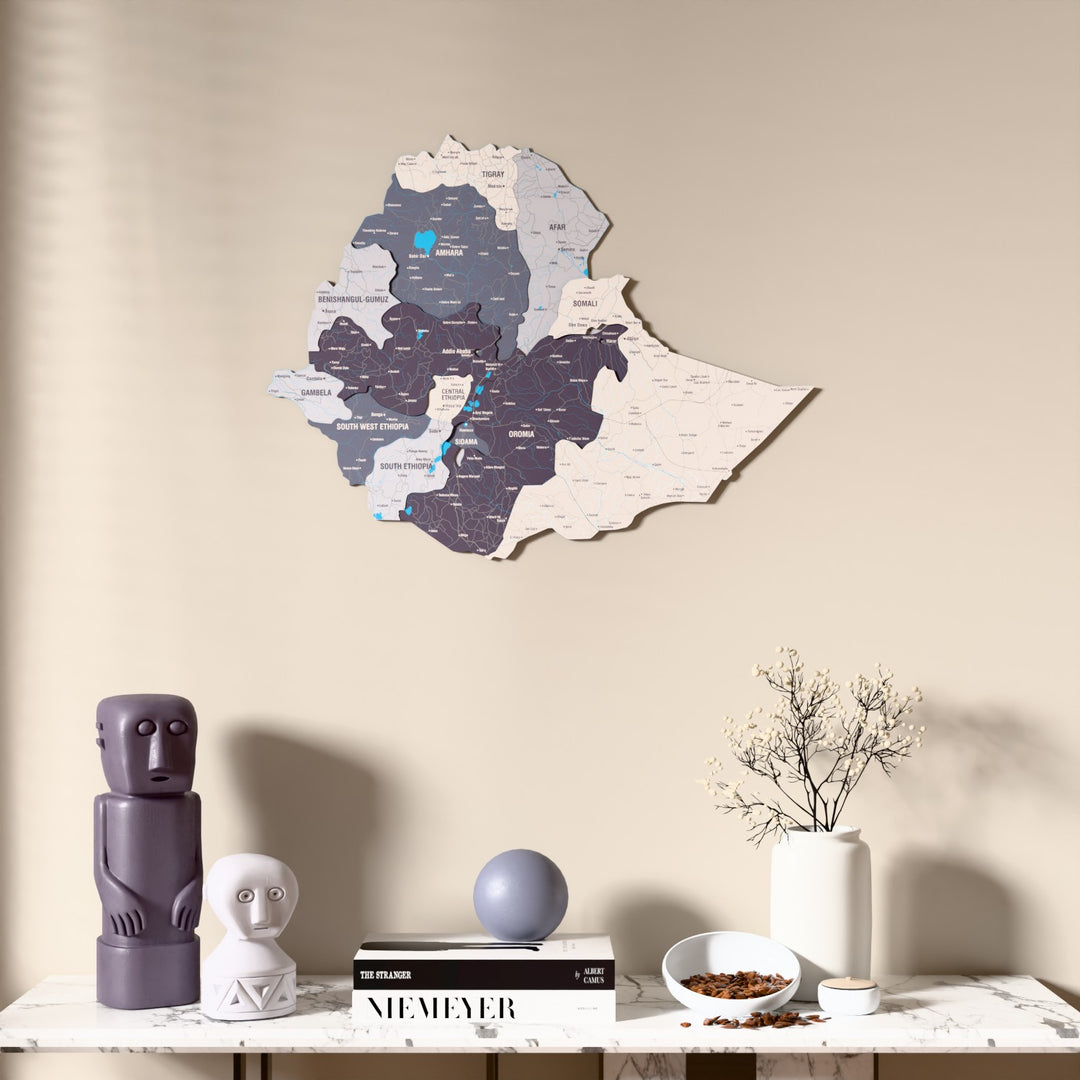 Nimbus Ethiopia wooden wall map above a marble console, front view