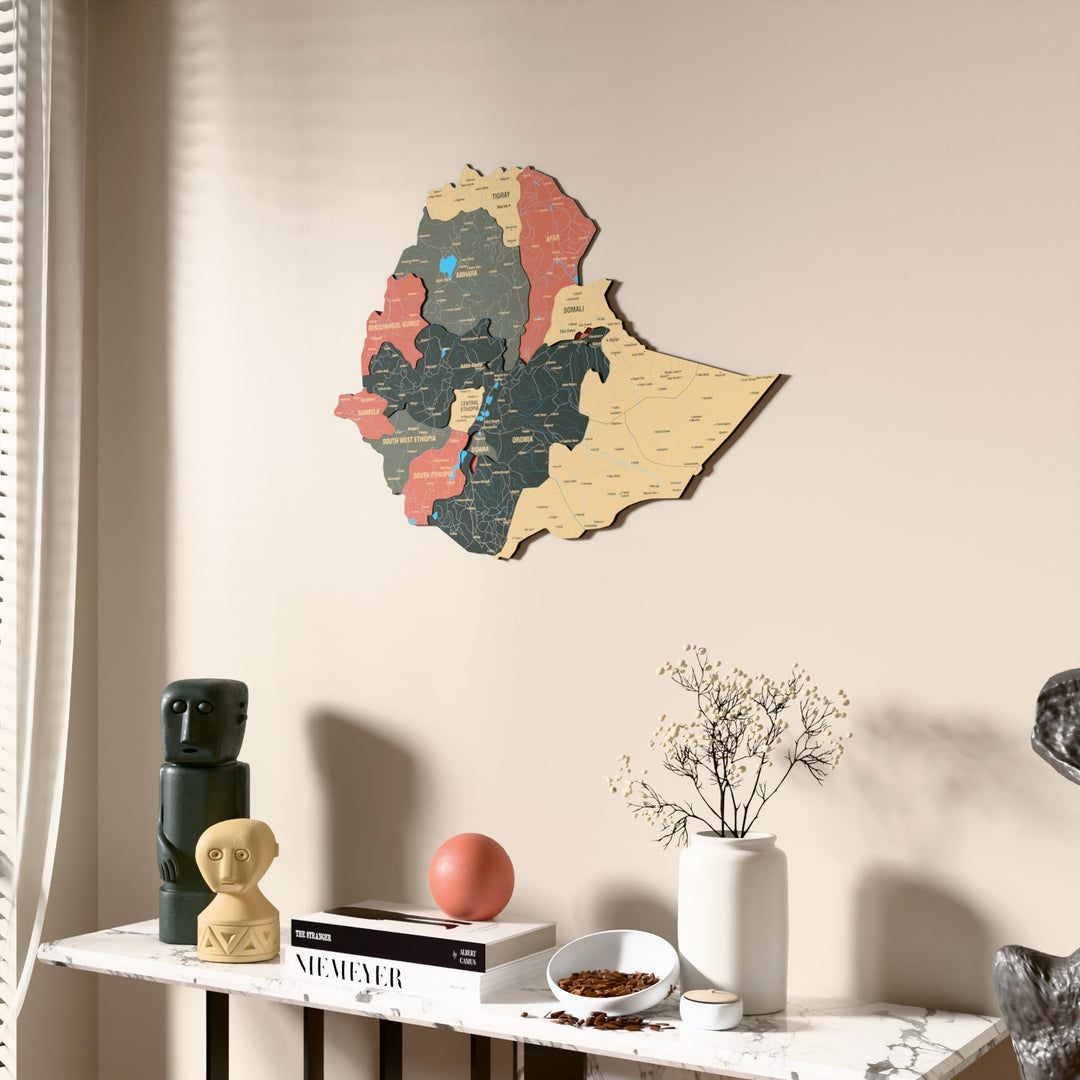 Sage Ethiopia wooden wall map beside a sheer curtain, angled view