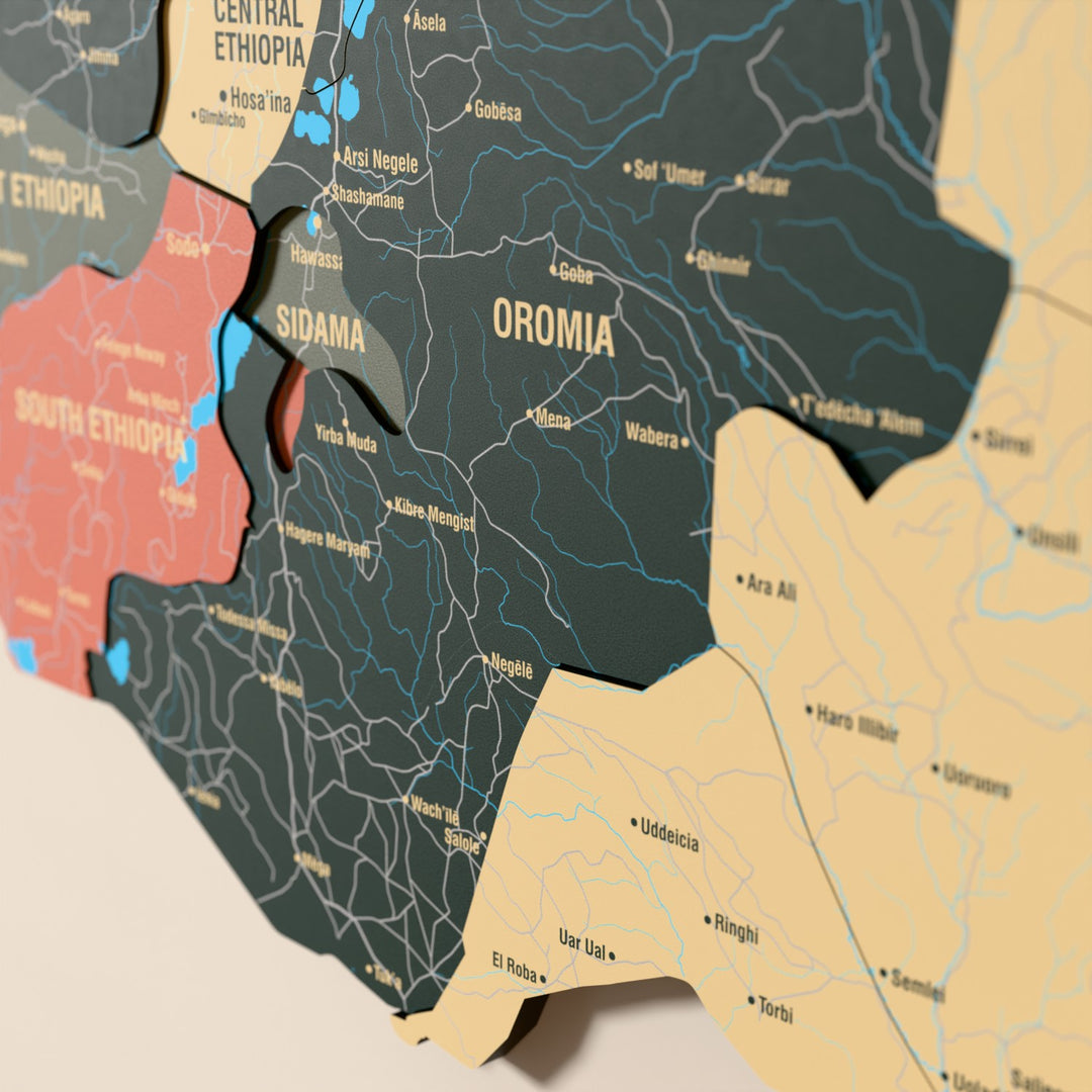 Close-up of the Sage Ethiopia wooden wall map with layered regions and printed names