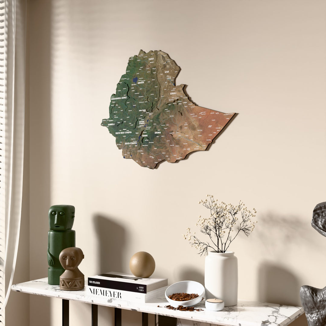 Satellite Ethiopia wooden wall map beside a sheer curtain, angled view