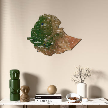 Satellite Ethiopia wooden wall map above a marble console, front view