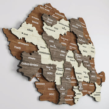 Large close-up of the Romania wooden map showing Arad, Timis, Caras-Severin and Gorj counties in layered wood