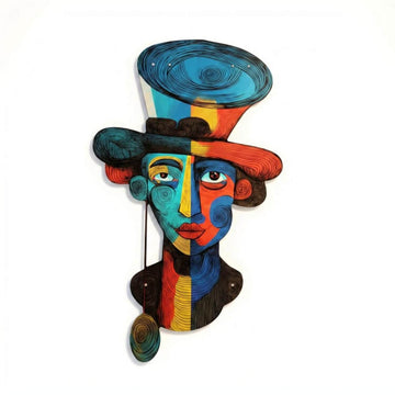 Fauvist portrait metal wall art with a tall hat, front view on white