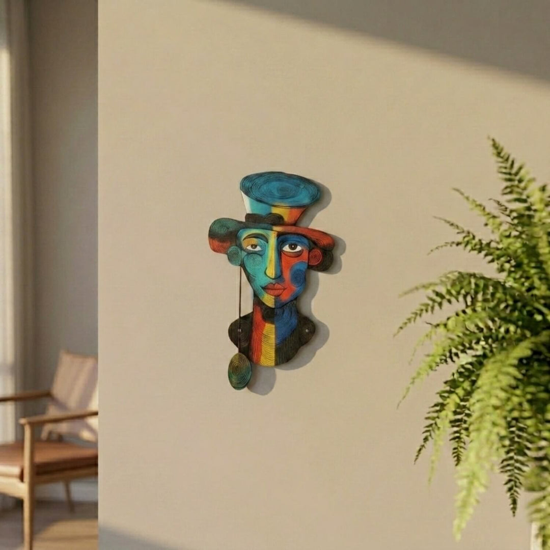 Fauvist portrait metal wall art on a sunlit wall next to a fern