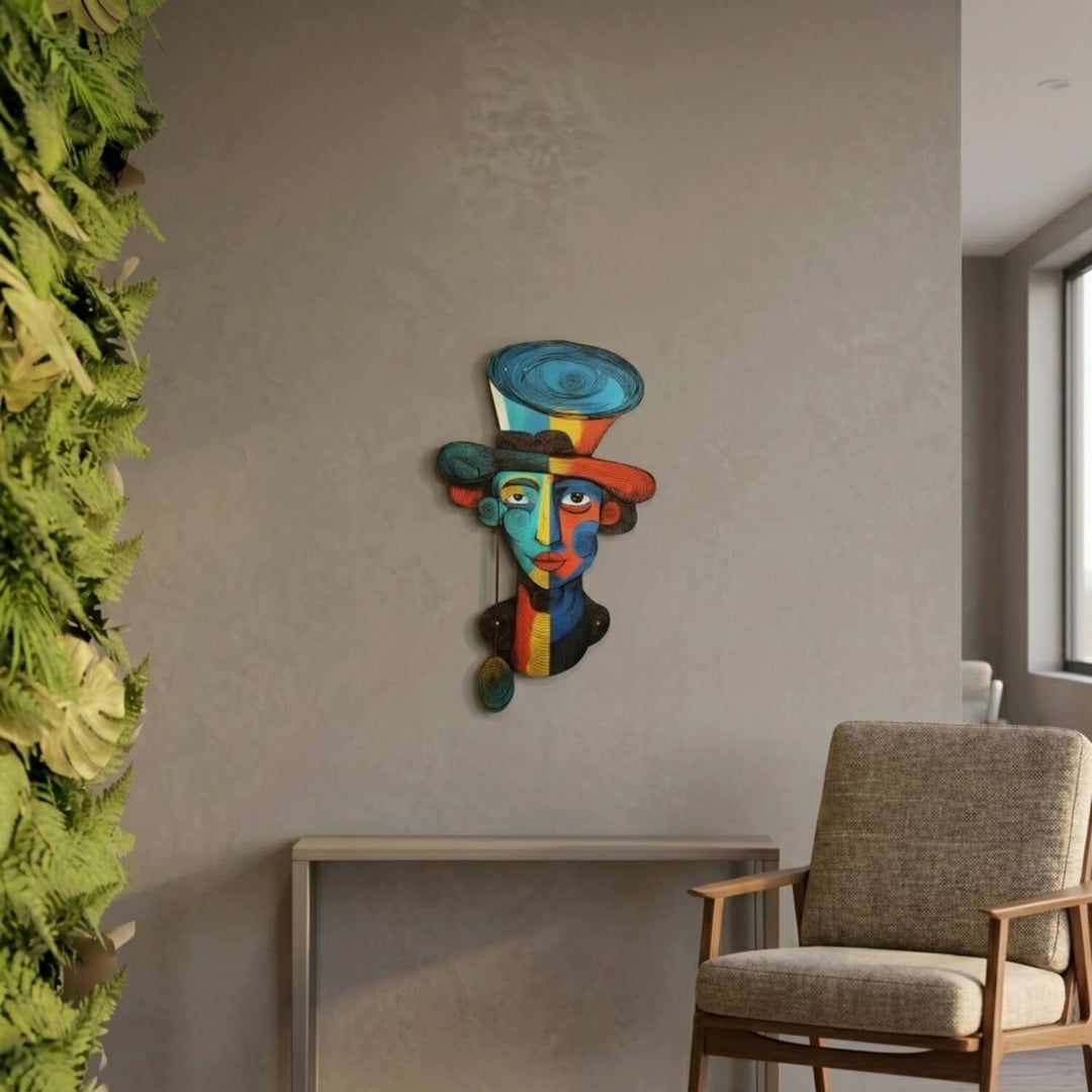 Fauvist portrait metal wall art above a console next to an armchair