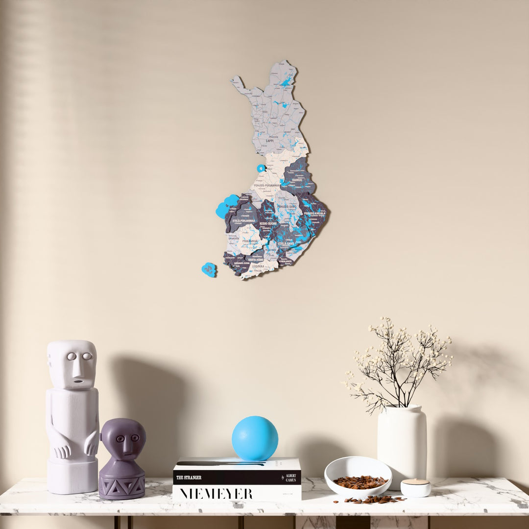 Nimbus Finland wooden wall map above a marble console, front view