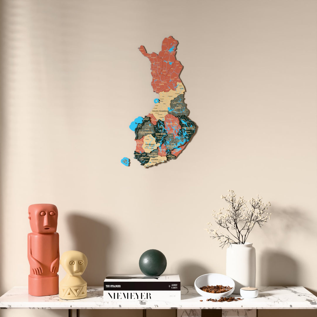 Sage Finland wooden wall map above a marble console, front view