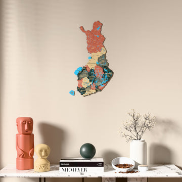 Sage Finland wooden wall map above a marble console, front view