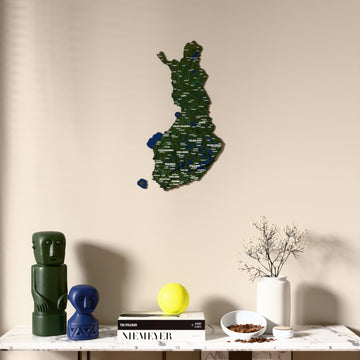 Satellite Finland wooden wall map above a marble console, front view