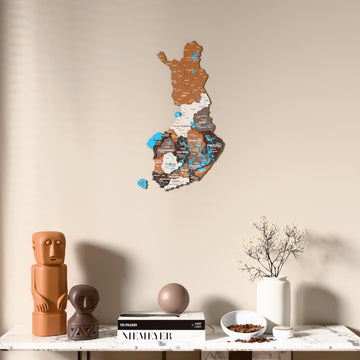 Soil Finland wooden wall map above a marble console, front view