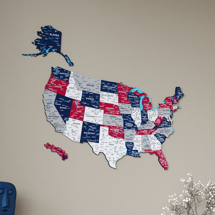 USA Wooden Wall Map Flag Colored Premium Wood Wall Decor