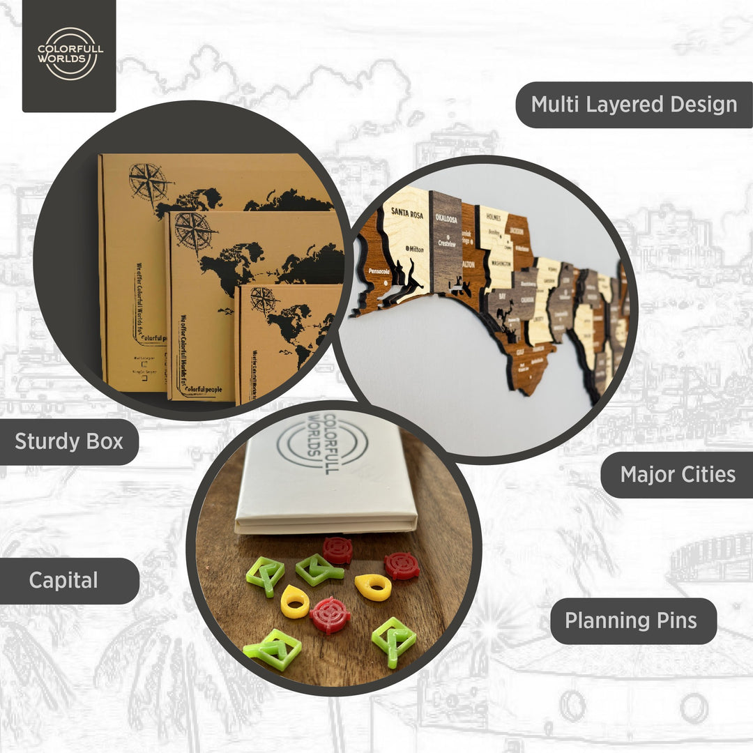 Features of the wooden Florida map: multi-layered design, sturdy box, capital, major cities and planning pins