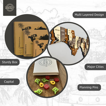Features of the wooden Florida map: multi-layered design, sturdy box, capital, major cities and planning pins