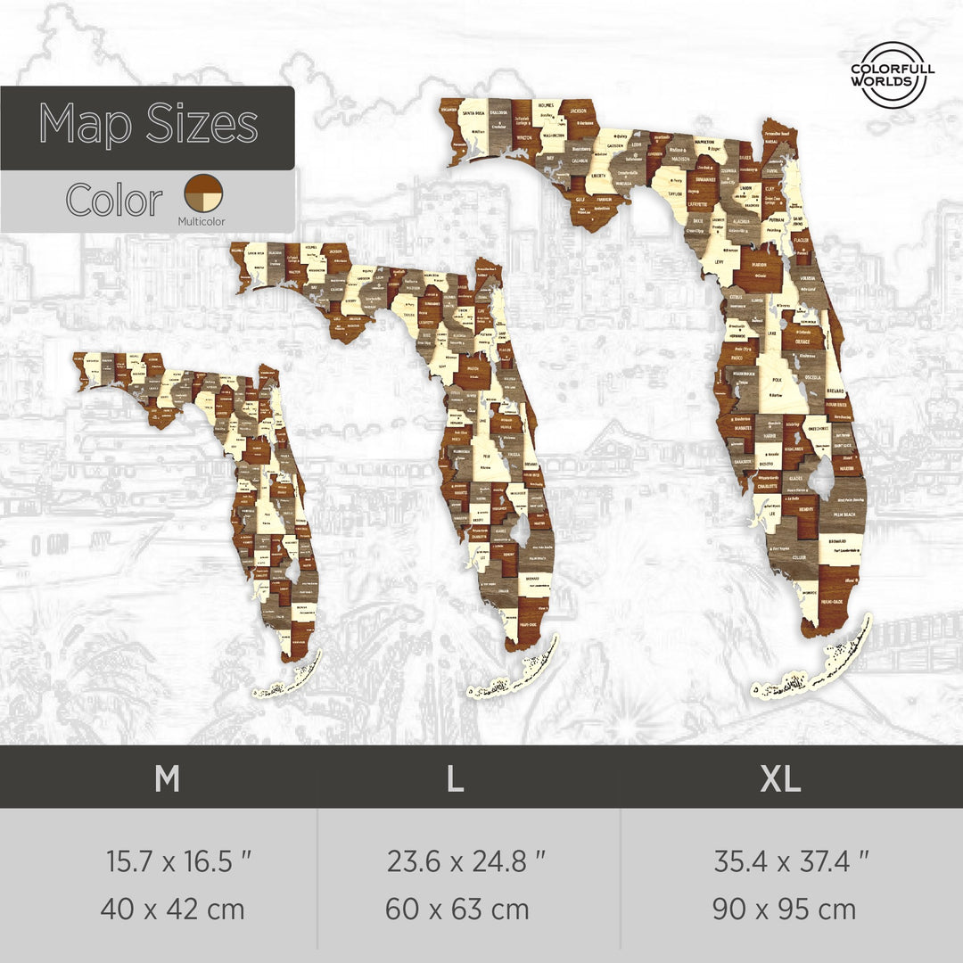 Size chart for the wooden Florida map: M 15.7 x 16.5 in, L 23.6 x 24.8 in and XL 35.4 x 37.4 in (40x42, 60x63, 90x95 cm)