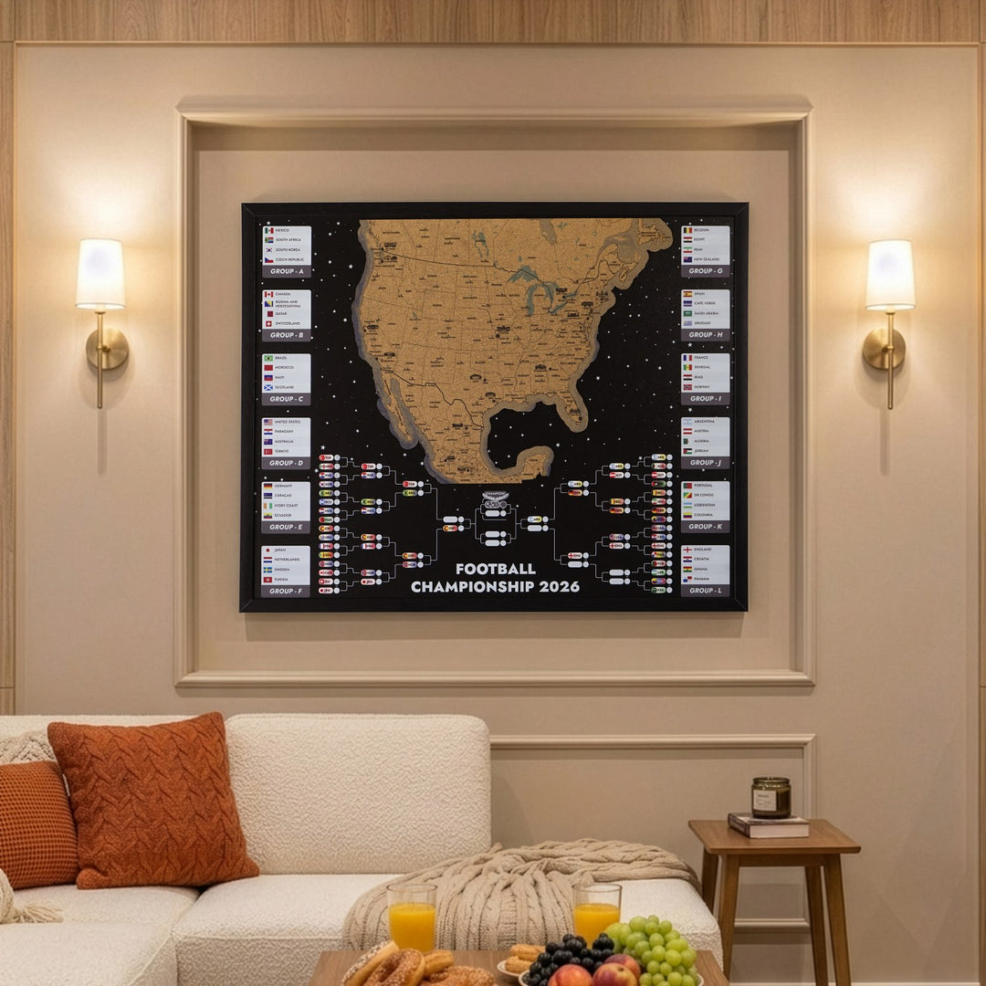 Framed 2026 World Cup Cork Map - Interactive Tournament Bracket
