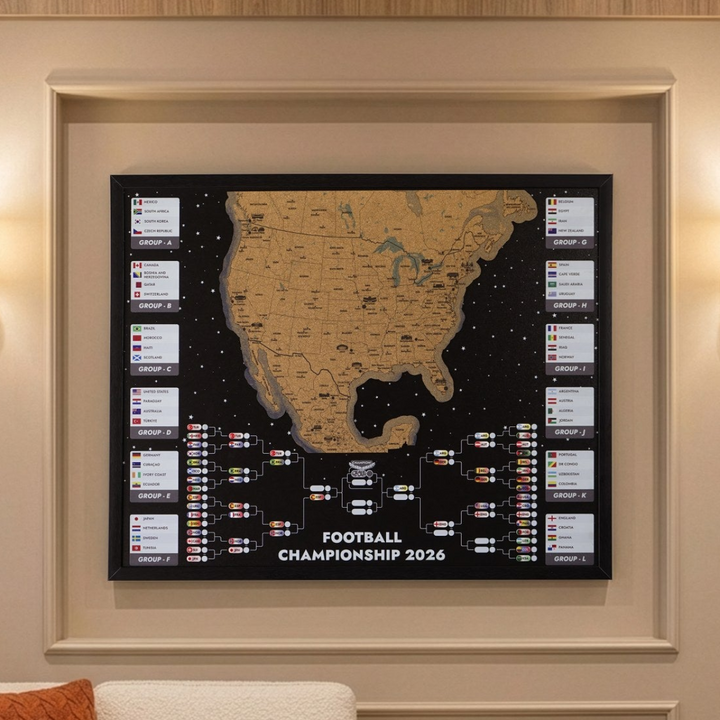 Framed 2026 World Cup Cork Map - Interactive Tournament Bracket