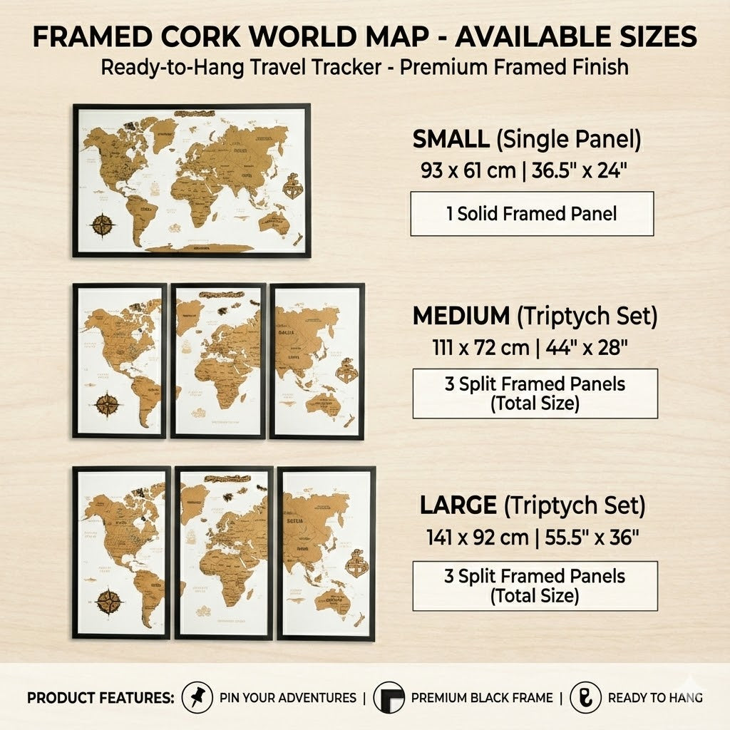 Framed Cork Push Pin World Map - Travel Tracker Wall Art