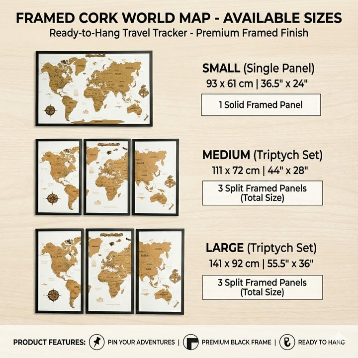 Framed Cork Push Pin World Map - Travel Tracker Wall Art
