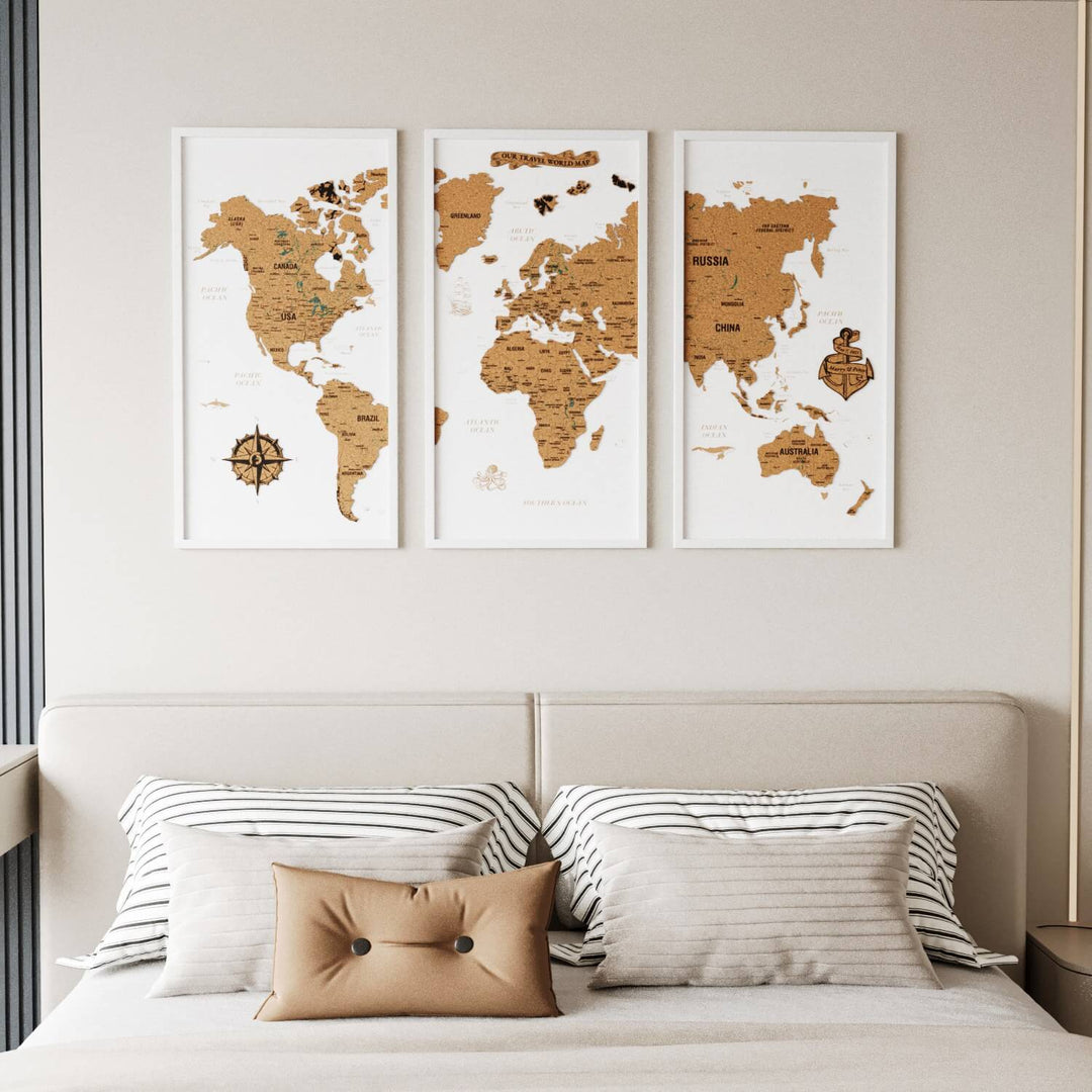 Framed Cork Push Pin World Map - Travel Tracker Wall Art