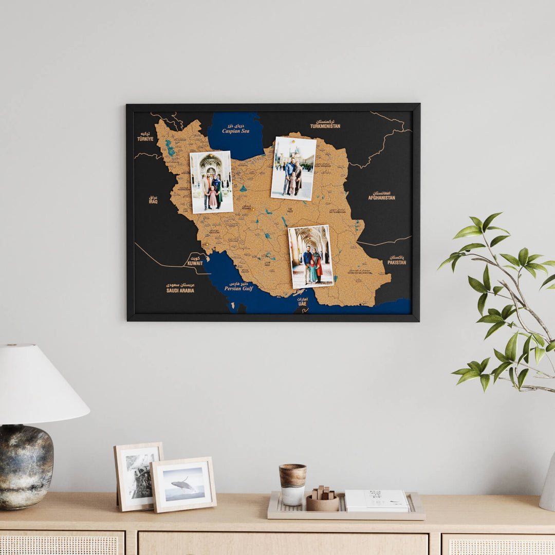 Framed Iran Cork Wall Map Decor