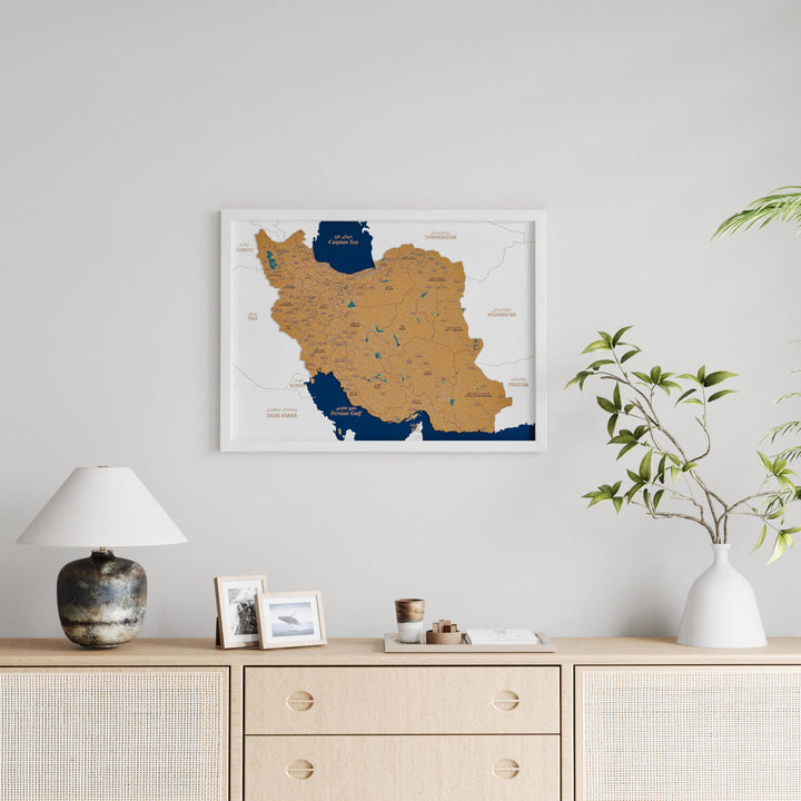 Framed Iran Cork Wall Map Decor