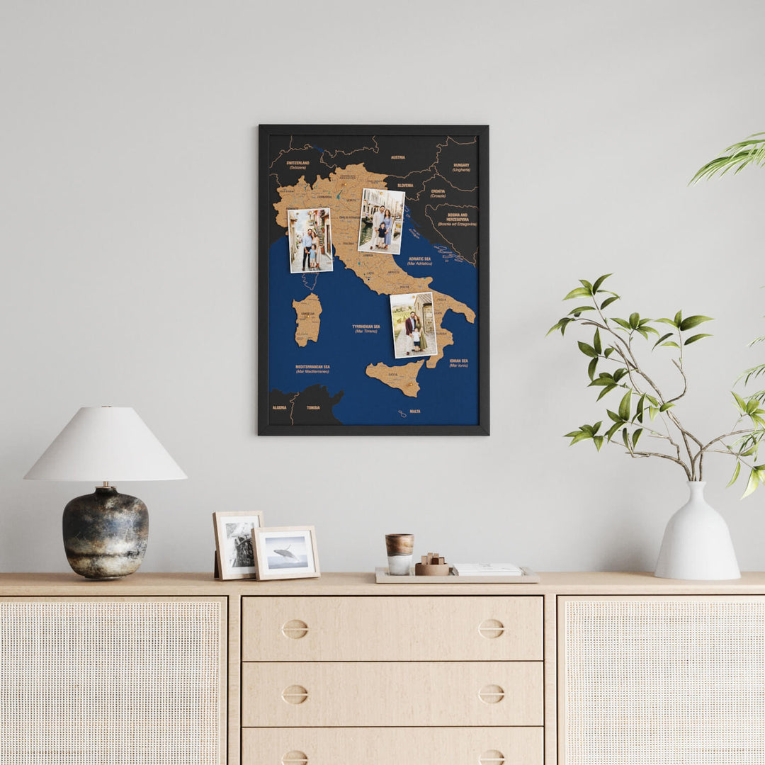 Framed Italy Cork Wall Map Decor