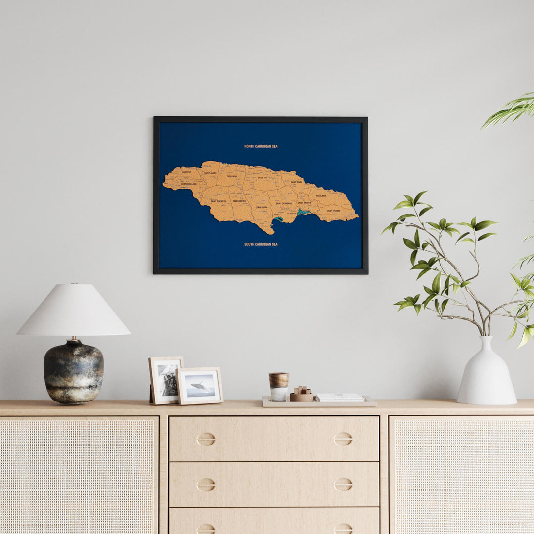 Framed Jamaica Cork Wall Map Decor