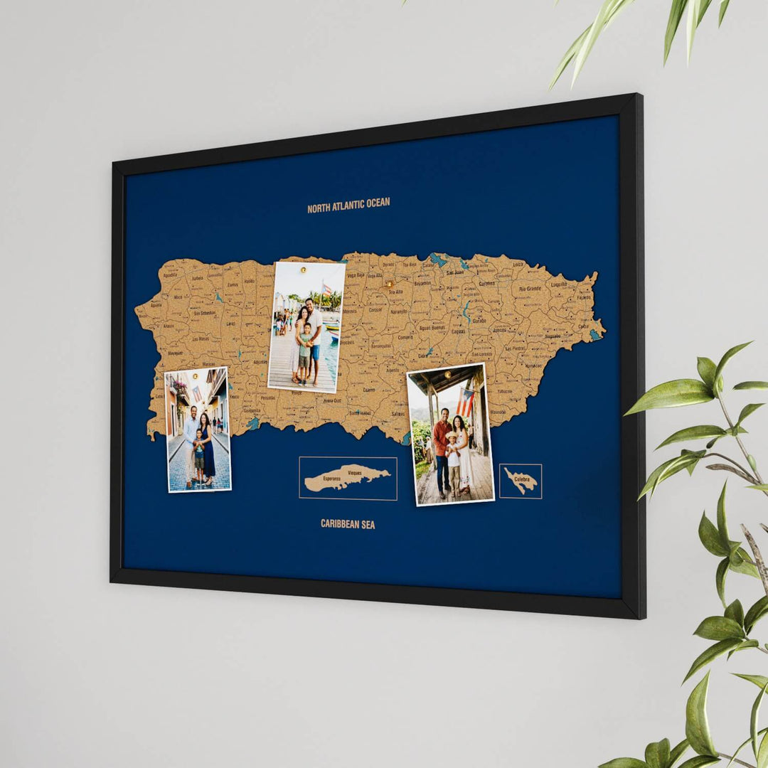 Framed Puerto Rico Cork Wall Map Decor