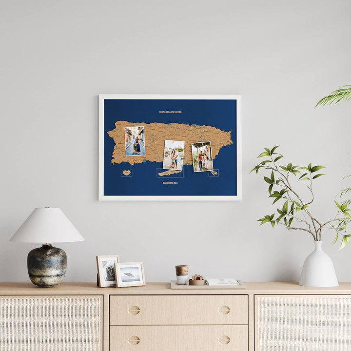 Framed Puerto Rico Cork Wall Map Decor