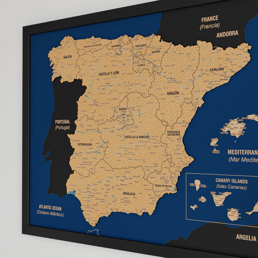 Framed Spain Cork Wall Map Decor