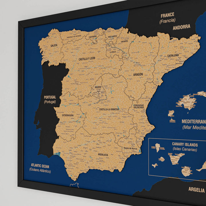 Framed Spain Cork Wall Map Decor