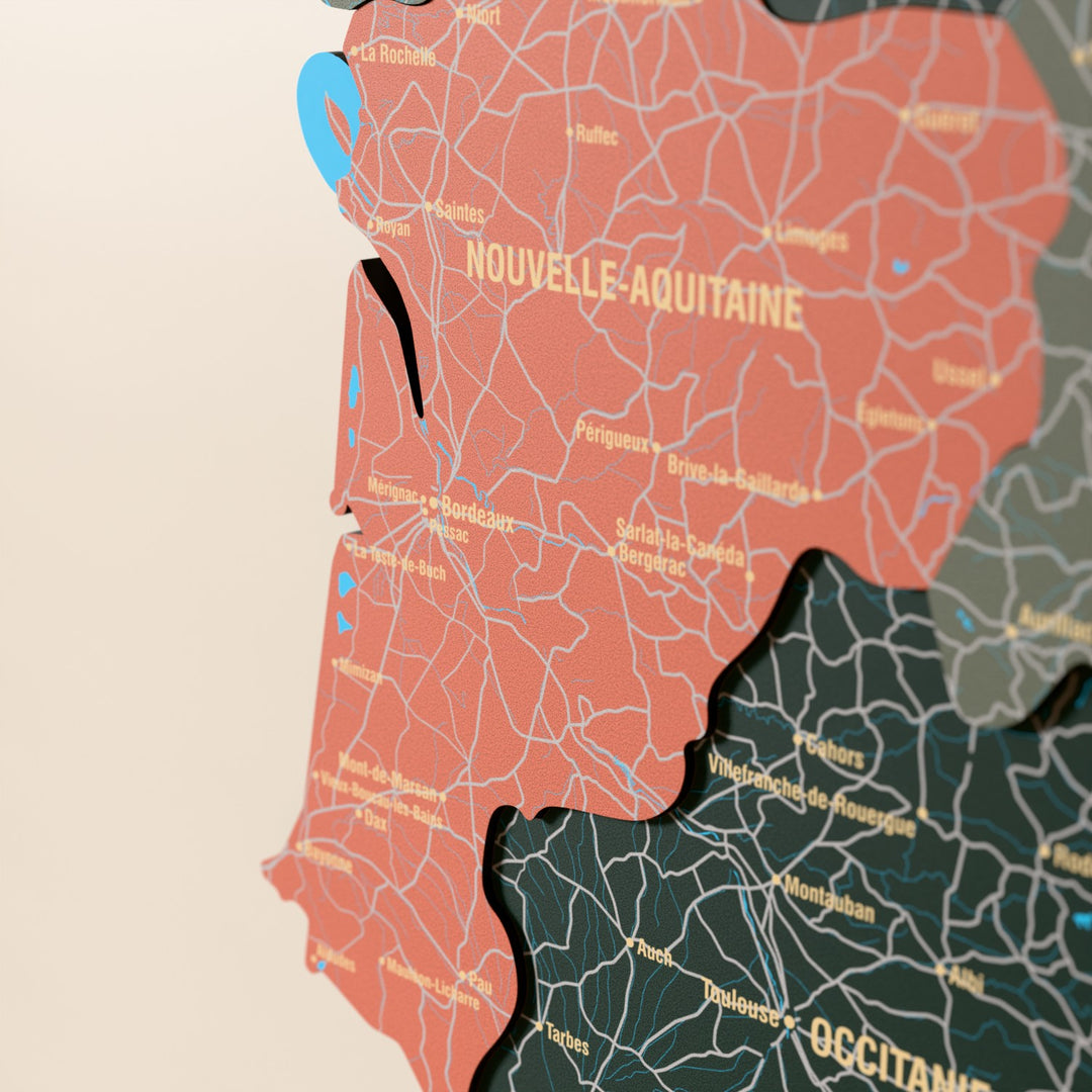 Close-up of the Sage France wooden wall map with layered regions and printed names