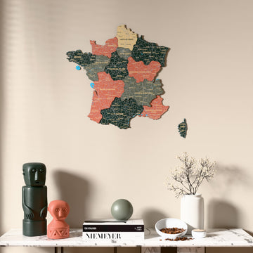 Sage France wooden wall map above a marble console, front view