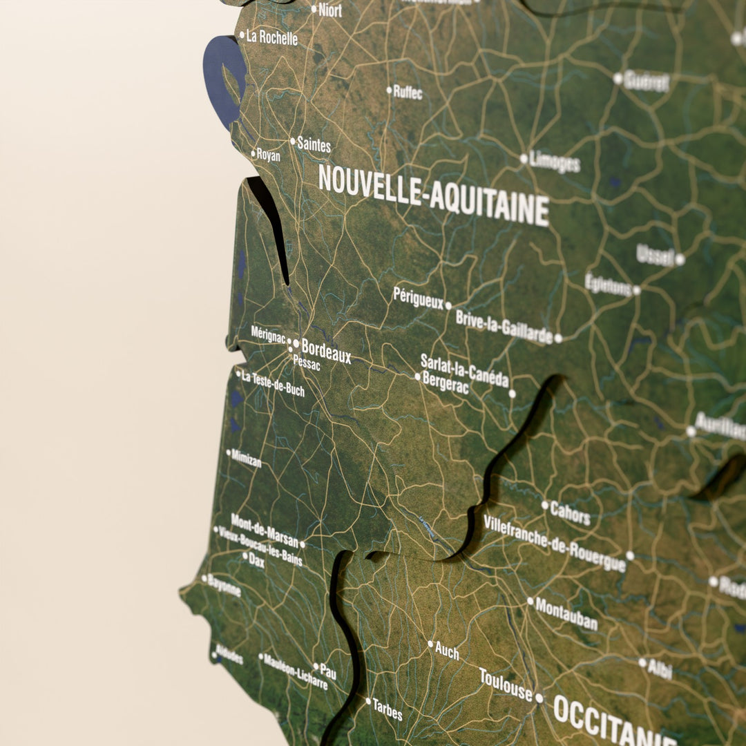 Close-up of the Satellite France wooden wall map with layered regions and printed names