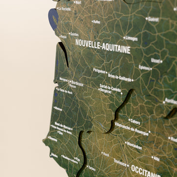Close-up of the Satellite France wooden wall map with layered regions and printed names