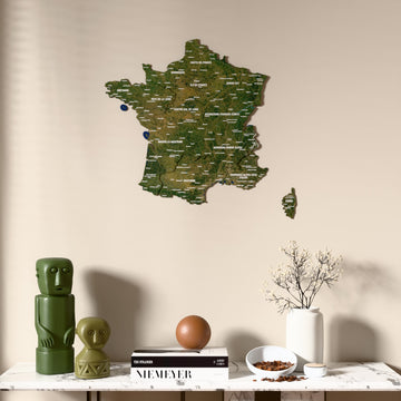 Satellite France wooden wall map above a marble console, front view