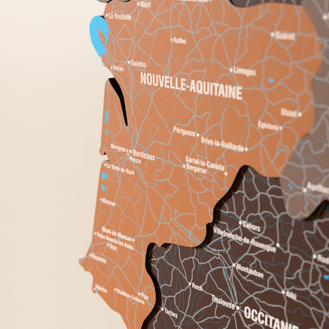 Close-up of the Soil France wooden wall map with layered regions and printed names