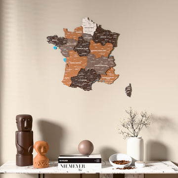 Soil France wooden wall map above a marble console, front view